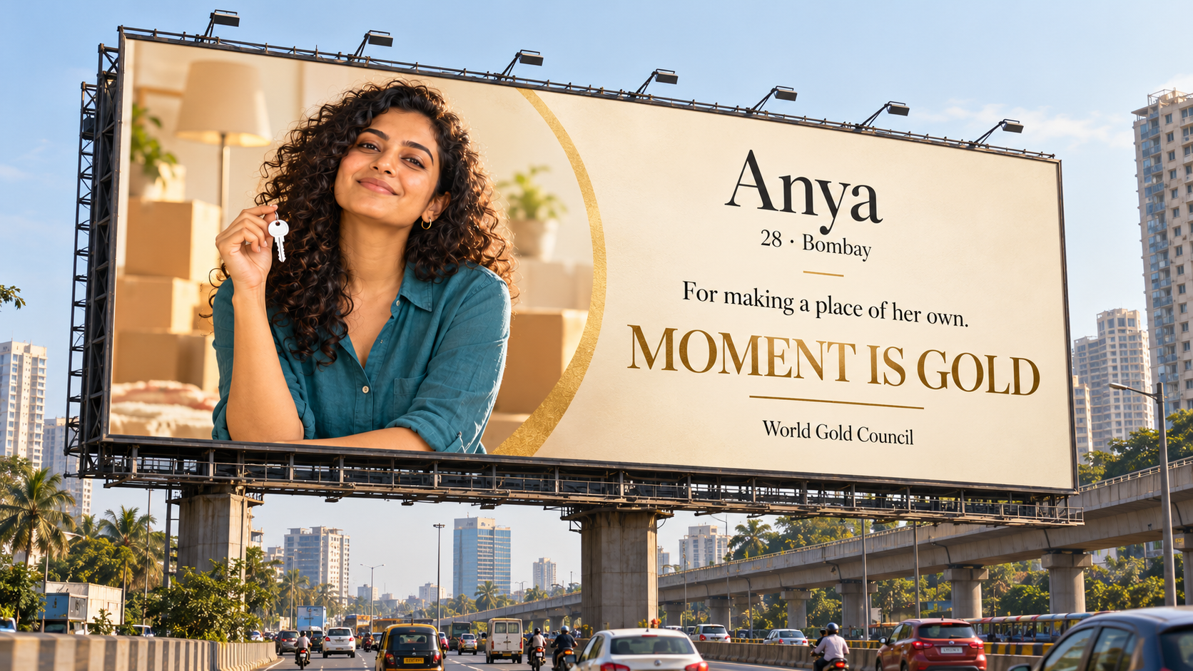 A Mumbai highway billboard featuring Anya with her house key and the message For making a place of her own, Moment is Gold