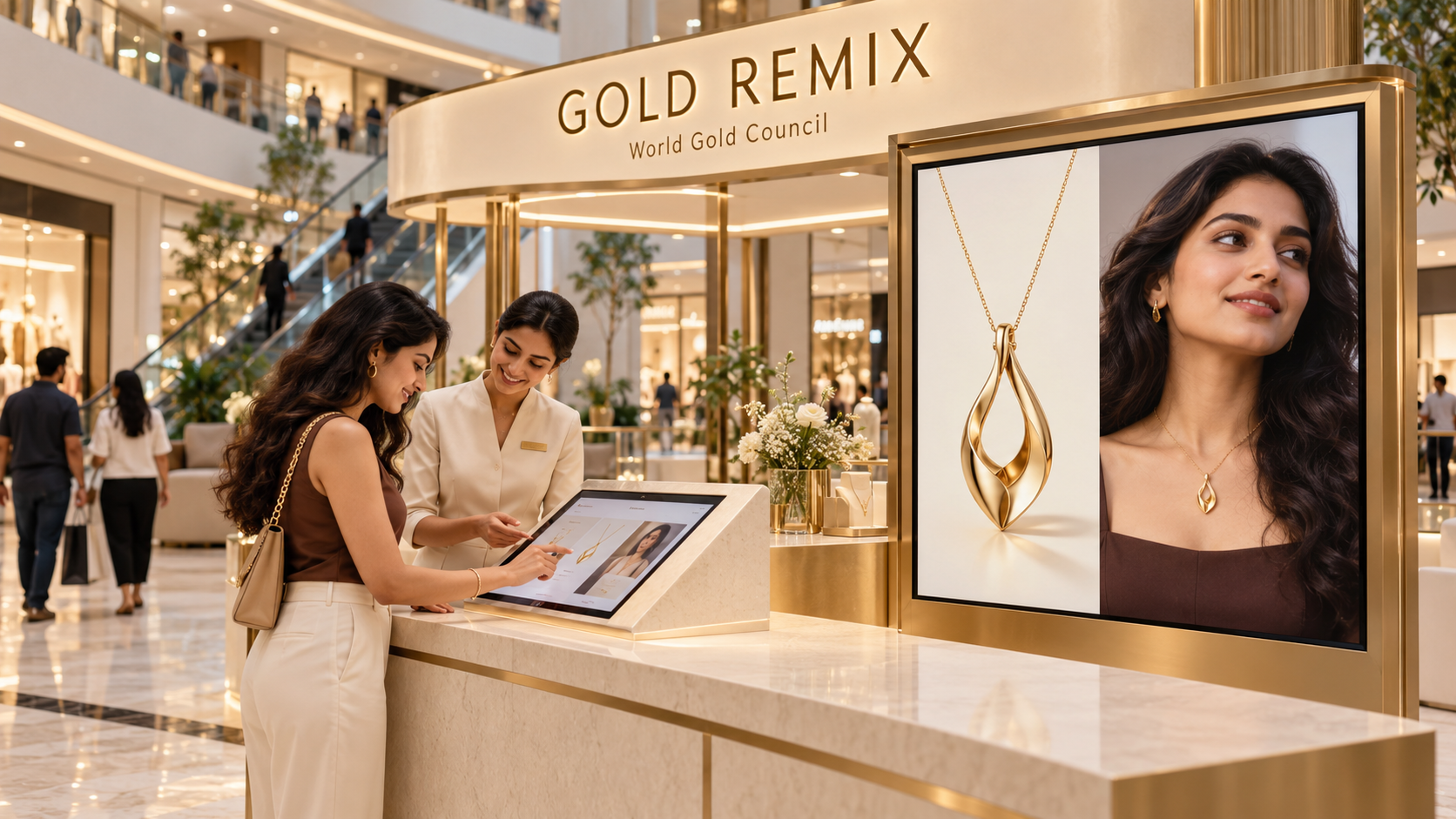 Gold Remix kiosk in a mall, with a participant, host and a large screen showing a gold pendant and virtual try-on