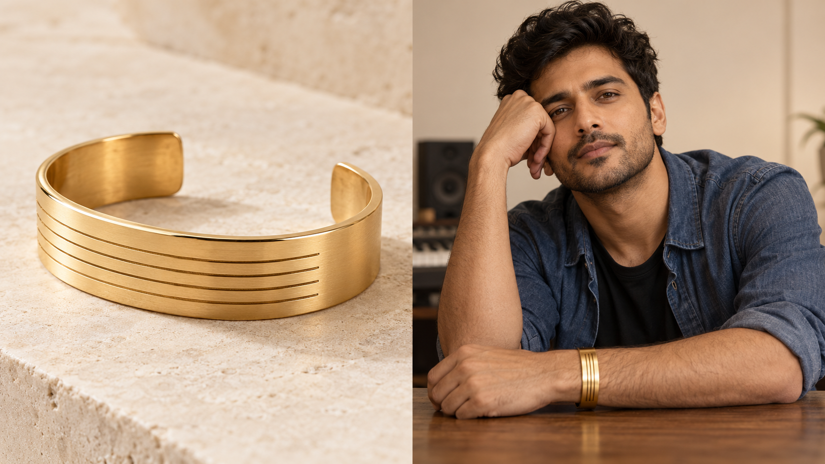 A contemporary gold cuff and Kabir wearing it